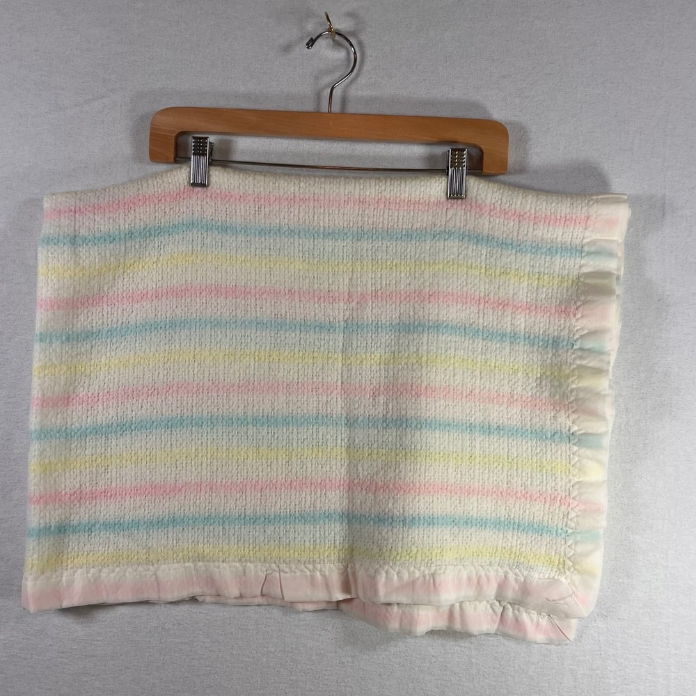 Vintage Baby Blanket Pastel Pink Blue Yellow Stripes Satin Trim Security Blanket